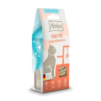 Snackbox für Haustiere mit gefriergetrockneten Hühnermägen, mit einer Silhouette einer Katze und dem Text auf Deutsch: "Mjamjam! Snack-Box Erlesene Hühnermägen."