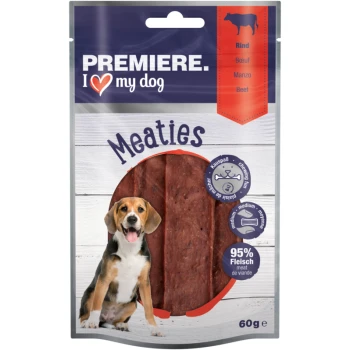 Premiere I love my dog Meaties rundvlees traktaten verpakking, met een beagle puppy, 95% vleesinhoud, 60g formaat en speelse ontwerp.
