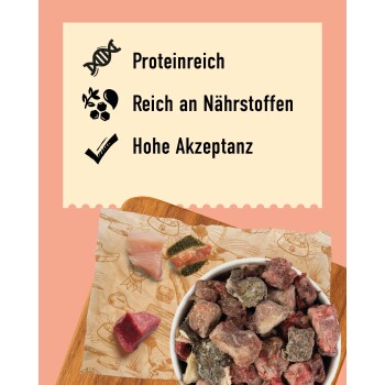DIBO Ideal-Mix Haustierfutterverpackung, mit sieben 2000g Beuteln mit einer Mischung aus Rind, Huhn und Innereien, für Hunde gekennzeichnet.