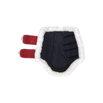 Schwarze Haustierpflegehandschuh mit weicher weißer Fütterung und roten Riemen, entworfen für einfache Fellentfernung und Haustierpflege.