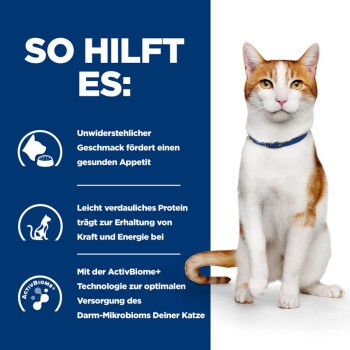 Eine Katze sitzt aufrecht vor einem blauen Hintergrund, mit Text, der die Vorteile eines Haustierfutterprodukts beschreibt, einschließlich der Förderung eines gesunden Appetits und Energie.