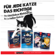 Schwarz-weiße Cartoon-Katze über Purina Felix 'Soup Time'-Schachteln und Snackbeuteln 'Crispies' und 'Knabber Mix'; Überschrift: 'Für jede Katze das Richtige'.