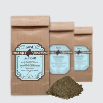 Braune Papiertüte mit der Aufschrift "Laufspaß" für Hundezusätze, die Bewegung und Gelenkunterstützung fördert, mit herausgefallenem Pulver.