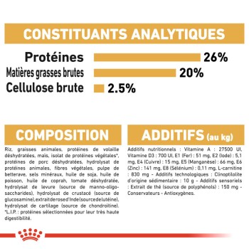 Informations nutritionnelles pour la nourriture pour animaux : 26% de protéines, 20% de matières grasses, 2,5% de fibres. Les ingrédients incluent du riz, des graisses animales et diverses vitamines.