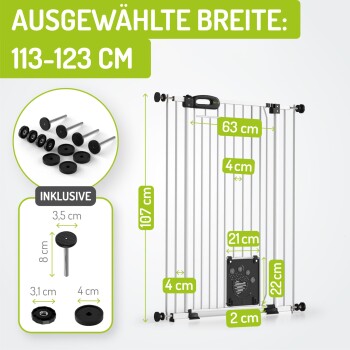 Haustiersicherheitsgitter mit verstellbarer Breite (113-123 cm) und Höhe (107 cm), mit Maßen und enthaltenen Komponenten.