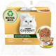 Eine Schachtel Purina Gourmet Gold Katzenfutter mit einer weißen Katze, beschriftet mit "Saftige Köstlichkeiten", mit Huhn, Lachs, Rind und Meeresfisch.