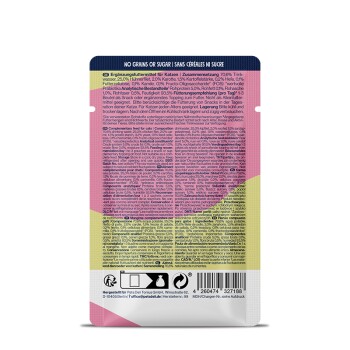 Verpackung für Haustierfutter mit einem bunten Design, mit dem Text "Keine Körner oder Zucker" und einer detaillierten Zutatenliste in mehreren Sprachen.
