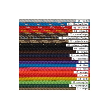 Bunte Haustierleinen, die in Reihen ausgestellt sind, beschriftet mit Zahlen und Farbnamen auf Deutsch, einschließlich Optionen wie 'blau', 'rot' und 'grün'.