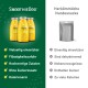Gelbe SmoothieDog-'Huhn'-Flaschen mit grüner Checkliste (vielseitig, Flüssigkeitszufuhr, zuckerfrei); rechts eine graue Tüte mit der Aufschrift 'Herkömmliche Hundesnacks'.