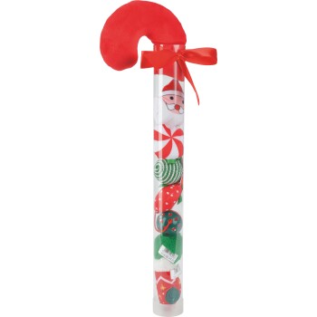 Durchsichtige Röhre mit Weihnachtskatzen-Spielzeugen, oben mit rot-weiß gestreiftem Plüsch-Zuckerstangen-Element und Schleife; enthält Plüsch-Weihnachtsmann, Pfefferminz, grünen Ball, Erdbeere und Strumpf.