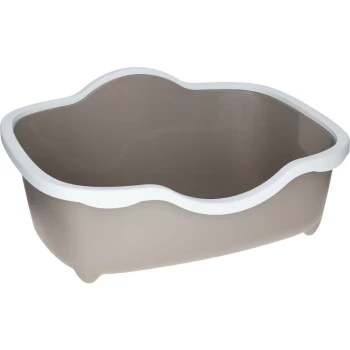 Ein beiges Haustierbett mit einem welligen weißen Rand, entworfen für Komfort und Stil, geeignet für kleine bis mittelgroße Haustiere.