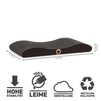 Ein gebogenes schwarzes Haustierbett mit den Abmessungen von etwa 75 cm x 30 cm x 8 cm, das ein Ahornblatt-Logo und umweltfreundliche Symbole zeigt.
