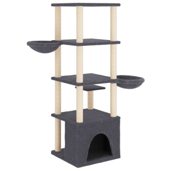 Grauer mehrstöckiger Katzenbaum mit zwei hängenden Körben, einer kleinen Plattform und einem gemütlichen Versteck unten.