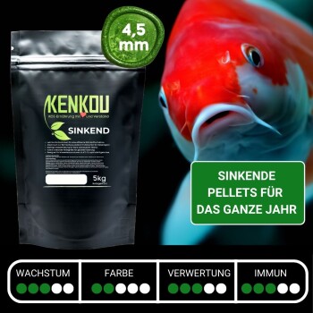 Schwarze Tüte Kenkou Koi-Futter, beschriftet mit 'SINKEND' und einem Gewicht von 5 kg, mit einer Pelletgröße von 4,5 mm und einem bunten Koi-Fisch im Hintergrund.
