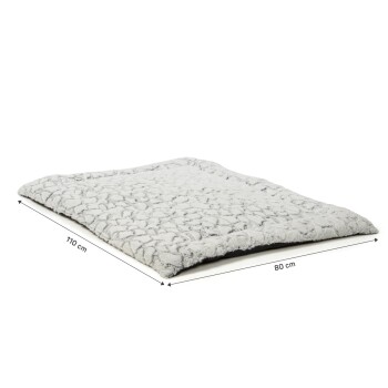 Graues Haustierbett mit strukturierter Oberfläche, 110 cm mal 80 cm groß, auf einem weißen Hintergrund präsentiert.