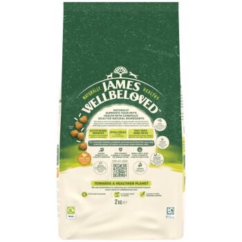 A 2 kg bag of James Wellbeloved dog food in green and beige, highlighting health benefits, hypoallergenic features, and single protein source.