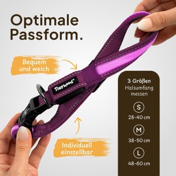 Lila verstellbares Haustiergeschirr, das in einer Hand gehalten wird, mit Text: "Optimale Passform," "Bequem und weich," und Größenangaben für S, M, L.