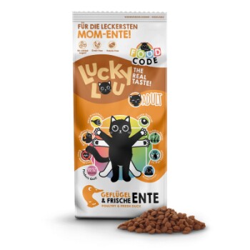 "Lucky Lou Adult" Katzenfutterbeutel mit einer Cartoon-Schwarzen Katze, bunten Zutaten und deutschem Text über Geflügel und frische Ente.
