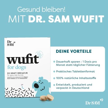 Schachtel von "Dr. Sam Wufit für Hunde" mit einem Cartoon-Hund, der Vorteile wie natürliche Zutaten und Einsparungen bei der monatlichen Dosierung hervorhebt.