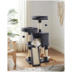 Ein plüschiger grauer Katzenbaum mit zwei erhöhten Plattformen, einem Kratzbaum und einem gemütlichen Versteck, mit einer flauschigen weißen Katze und einer orangefarbenen Tabby.