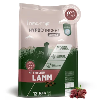 REAVET HypoConcept Adult Hundefutterbeutel, 'Mit frischem Lamm', 12,5 kg, gluten- und weizenfrei, Single-Protein-Symbole.