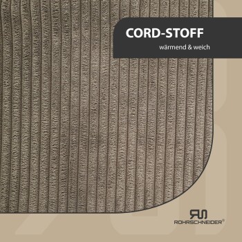Nahaufnahme eines weichen, gerippten Cordstoffs in warmem Beigeton, beschriftet mit "CORD-STOFF" und dem Text "wärmend & weich."