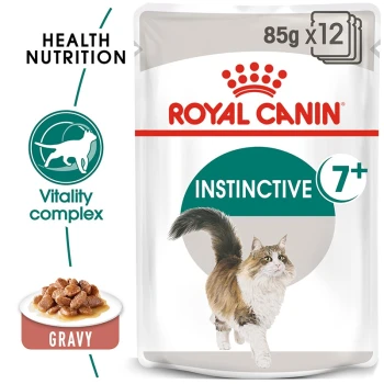 Royal Canin Instinctive 7+ cat food bag, showing a running cat, "Health Nutrition," "Vitality complex," and a bowl of gravy with kibble.