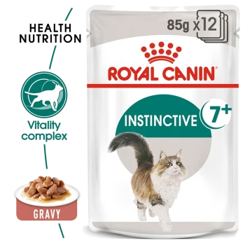 Royal Canin Instinctive 7+ cat food bag, showing a running cat, "Health Nutrition," "Vitality complex," and a bowl of gravy with kibble.