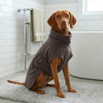 Grau Hundemantel mit einem abgerundeten Design und einer Tasche, mit dem Markenlabel 'THE DOG IDEA.'