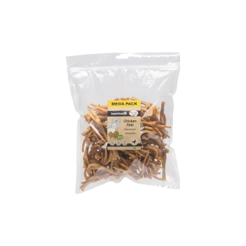 Klarsicht-wiederverschließbare Tüte Beeztees Hühnerfüße Hundesnacks, 1 kg; Etikett 'MEGA PACK' und 'Chicken Feet'.