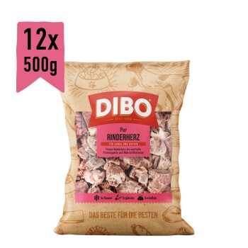 Gefrorenes Rinderherz-Haustierfutter für Hunde und Katzen, mit einer Katze und einem Hund auf der Verpackung, beschriftet 'DIBO Rinderherz' und '12x 500 g.'