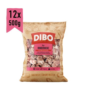 Gefrorenes Rinderherz-Haustierfutter für Hunde und Katzen, mit einer Katze und einem Hund auf der Verpackung, beschriftet 'DIBO Rinderherz' und '12x 500 g.'