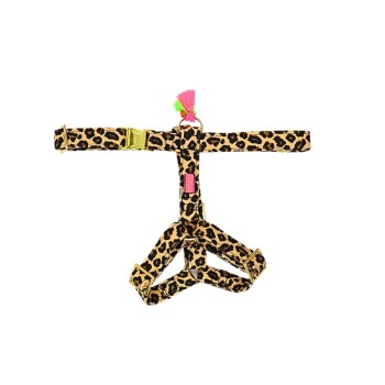 Haustiergeschirr im Leopardenmuster mit goldenen Schnallen und einem bunten Quasten oben, entworfen für kleine bis mittelgroße Haustiere.
