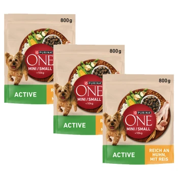 Drei 800g Beutel Purina ONE Mini/Small Active Hundefutter für Hunde unter 10 kg, mit kleinem Hund und Zutaten.
