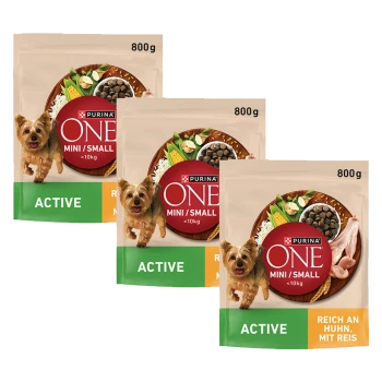 Drei 800g Beutel Purina ONE Mini/Small Active Hundefutter für Hunde unter 10 kg, mit kleinem Hund und Zutaten.