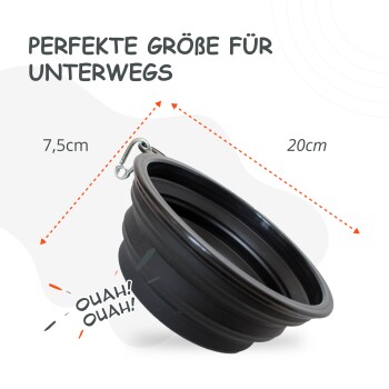 Zusammenklappbare schwarze Haustierschüssel mit Clip, Maße 7,5 cm Höhe und 20 cm Durchmesser, beschriftet mit "Perfekte Größe für unterwegs."