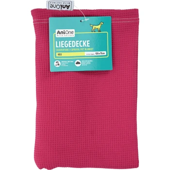 Liegedecke Neo rot Rosa Haustierdecke mit einem Etikett, das "AniOne Wild Variety" liest, Maße 120x75 cm, gekennzeichnet als weich und gemütlich.
