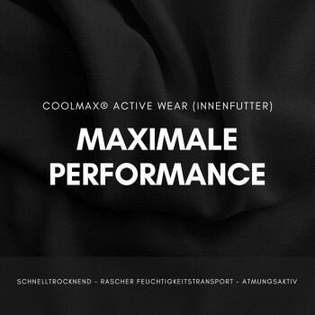 Schwarzer Stoff mit dem Text "COOLMAX® ACTIVE WEAR (INNENFUTTER) MAXIMALE PERFORMANCE" und darunter aufgelisteten Eigenschaften in Deutsch.