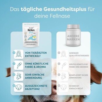 Paket für Haustierergänzungen "Dr. SM Relax Pet Dog" mit Vorteilen: vom Tierarzt entwickelt, keine künstlichen Zutaten, einfach zu verwenden, hohe Akzeptanz.
