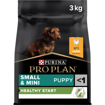 Purina Pro Plan Small & Mini Puppy food, 3 kg bag, featuring a puppy image and "Healthy Start" label, with chicken as the main ingredient.