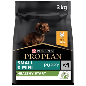 Purina Pro Plan Small & Mini Puppy food, 3 kg bag, featuring a puppy image and "Healthy Start" label, with chicken as the main ingredient.