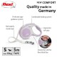 Lavender and white flexi dog leash with ergonomic grip, braking system, and 5m tape. Size S, max 15kg. Made in Germany.