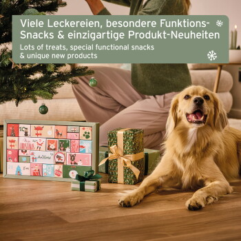 Adventskalender für Hunde mit speziellen funktionalen Snacks, hochwertigen Naturprodukten und sanften Pflegeartikeln für glänzendes Fell.