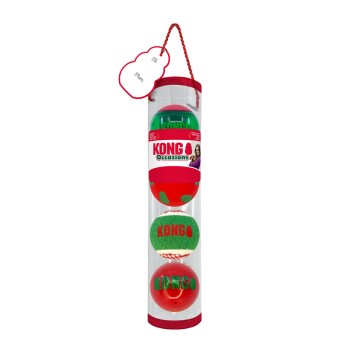 KONG Occasions dog toy set with three balls in red and green, packaged in a clear tube with a "To/From" gift tag.