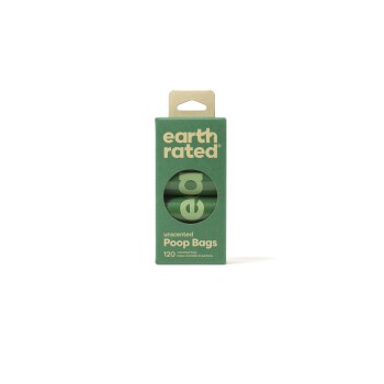 Emballage vert de sacs à crottes non parfumés Earth Rated, contenant 120 sacs, avec une fenêtre circulaire affichant les rouleaux.