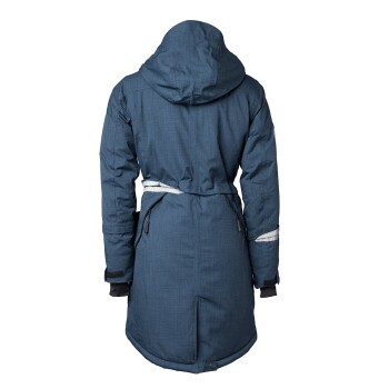 Rückansicht eines blauen, isolierten Haustiermantels mit Kapuze, verstellbarem Taillengurt und reflektierenden Streifen an den Ärmeln.