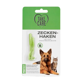 Grüne Verpackung mit zwei Zeckenentfernungs-Haken, mit dem deutschen Titel 'ZECKEN-HAKEN' und Bildern eines Hundes und einer Katze.