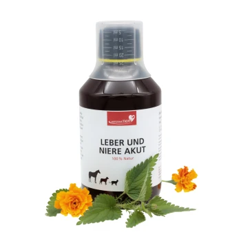 Braune Flasche mit der Aufschrift "Leber und Niere Akut 100% Natur" mit Silhouetten von Pferd, Hund und Katze, von HerzensTIER.
