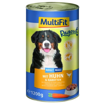 Dosen-Hundefutter "MultiFit Ragout" mit einem Berner Sennenhund, gekennzeichnet für Erwachsene, glutenfrei, mit Huhn und Karotten.