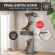 Getigerte Katze in grauem, geripptem Katzenbett mit deutschen Beschriftungen: 'KUSCHLIGES KATZENBETT', '35.000 Scheuertouren', ROHRSCHNEIDER.